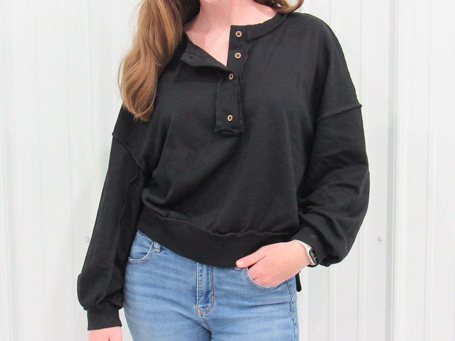 Black Drop Shoulder Henley Buttons Sweatshirt