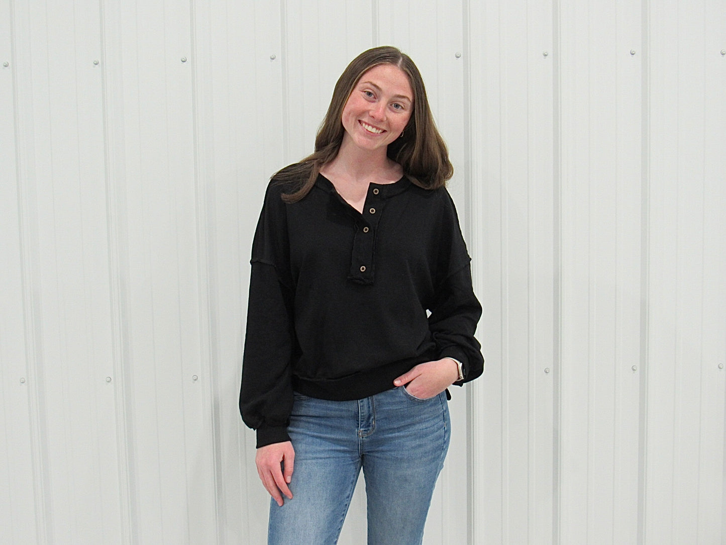 Black Drop Shoulder Henley Buttons Sweatshirt