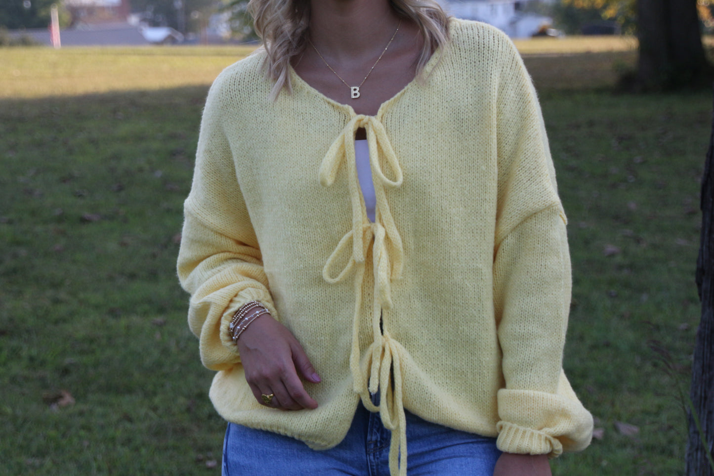 Plain Color Bow Lace Up Cardigan