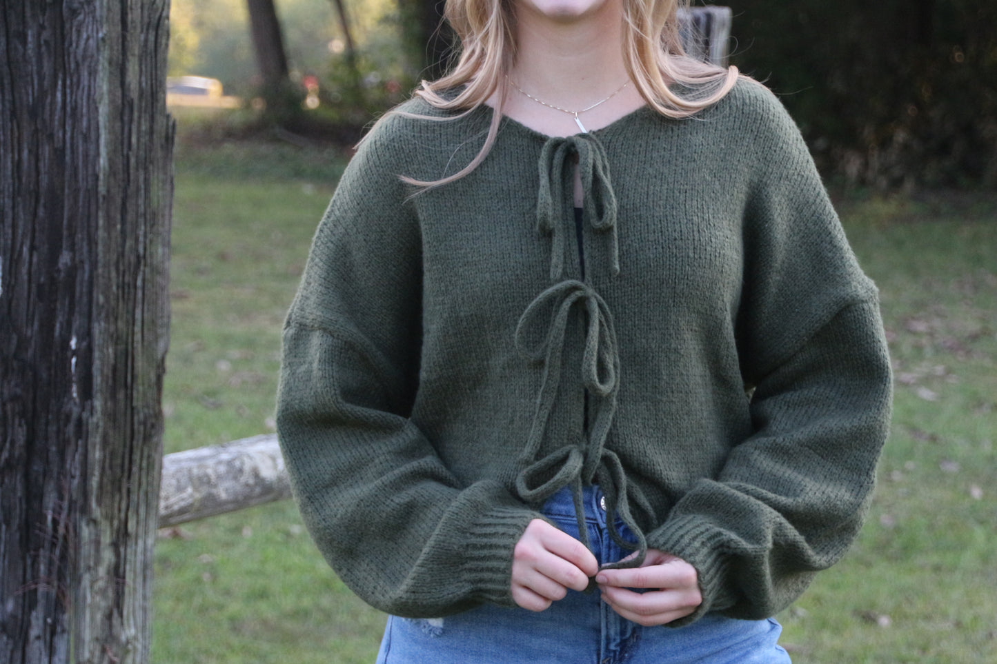 Plain Color Bow Lace Up Cardigan