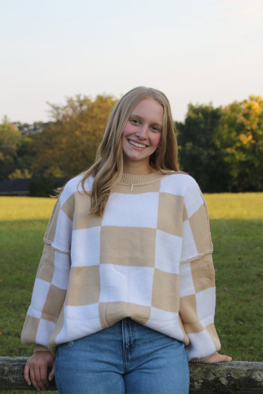 Checker Reverse Seam Crewneck Sweater