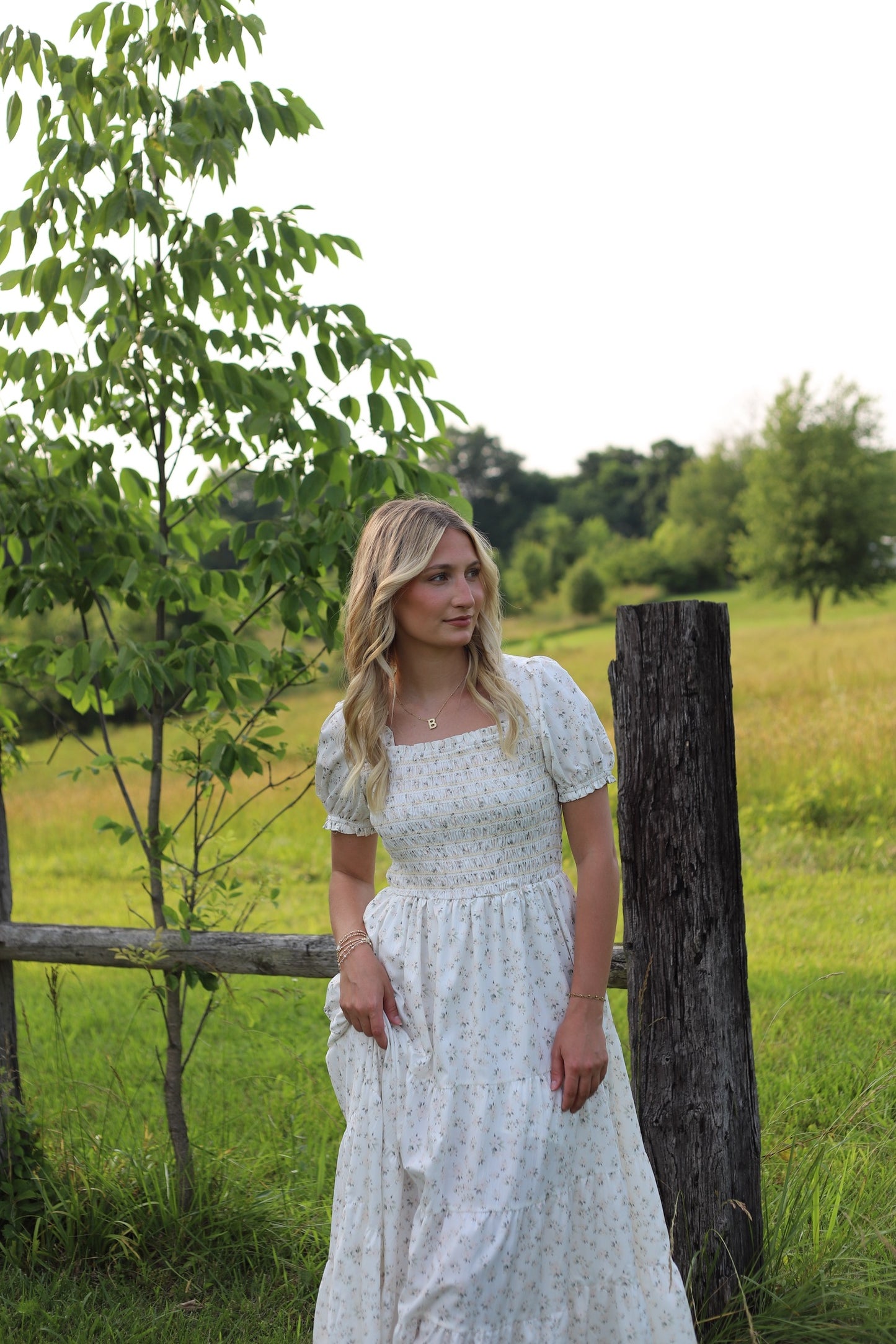 Frilly Shirred Bodice Tie Floral Maxi Dress