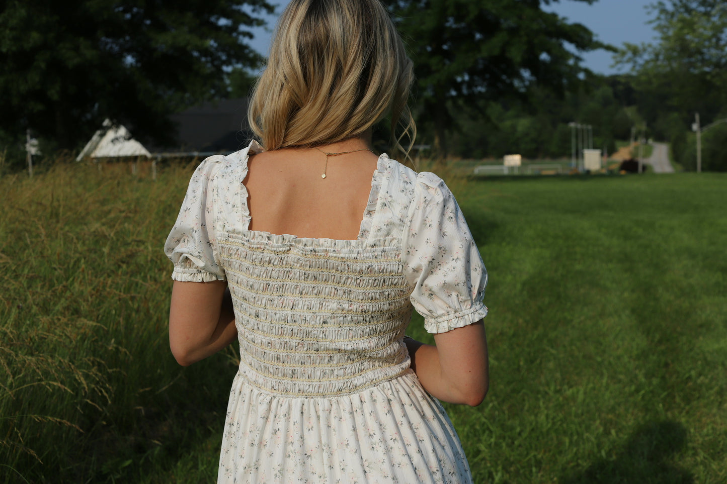 Frilly Shirred Bodice Tie Floral Maxi Dress
