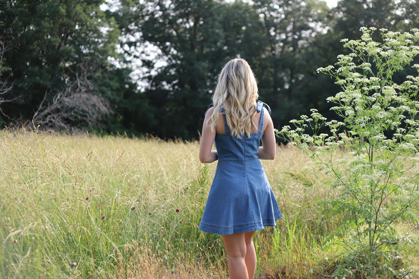 Denim strap tie mini dress