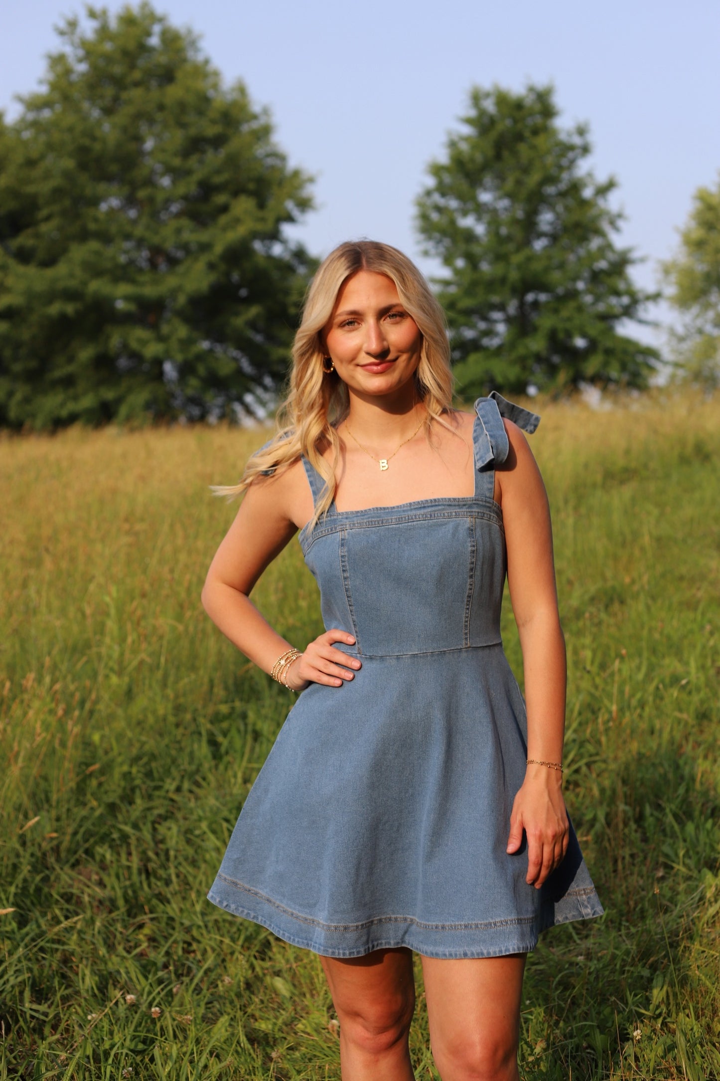 Denim strap tie mini dress