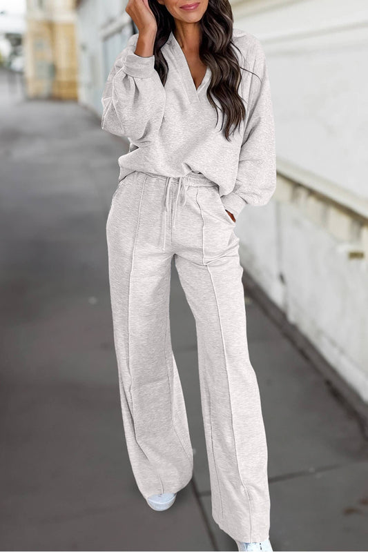 Collared Pullover and Drawstring Sweatpants 2Pcs Set