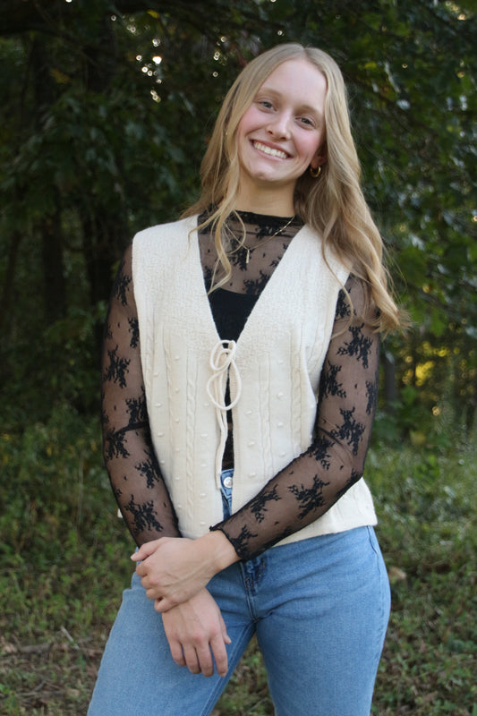 V-neck Ribbon Bow tie front lace up knit Cardigan