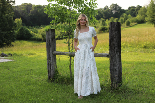 Frilly Shirred Bodice Tie Floral Maxi Dress
