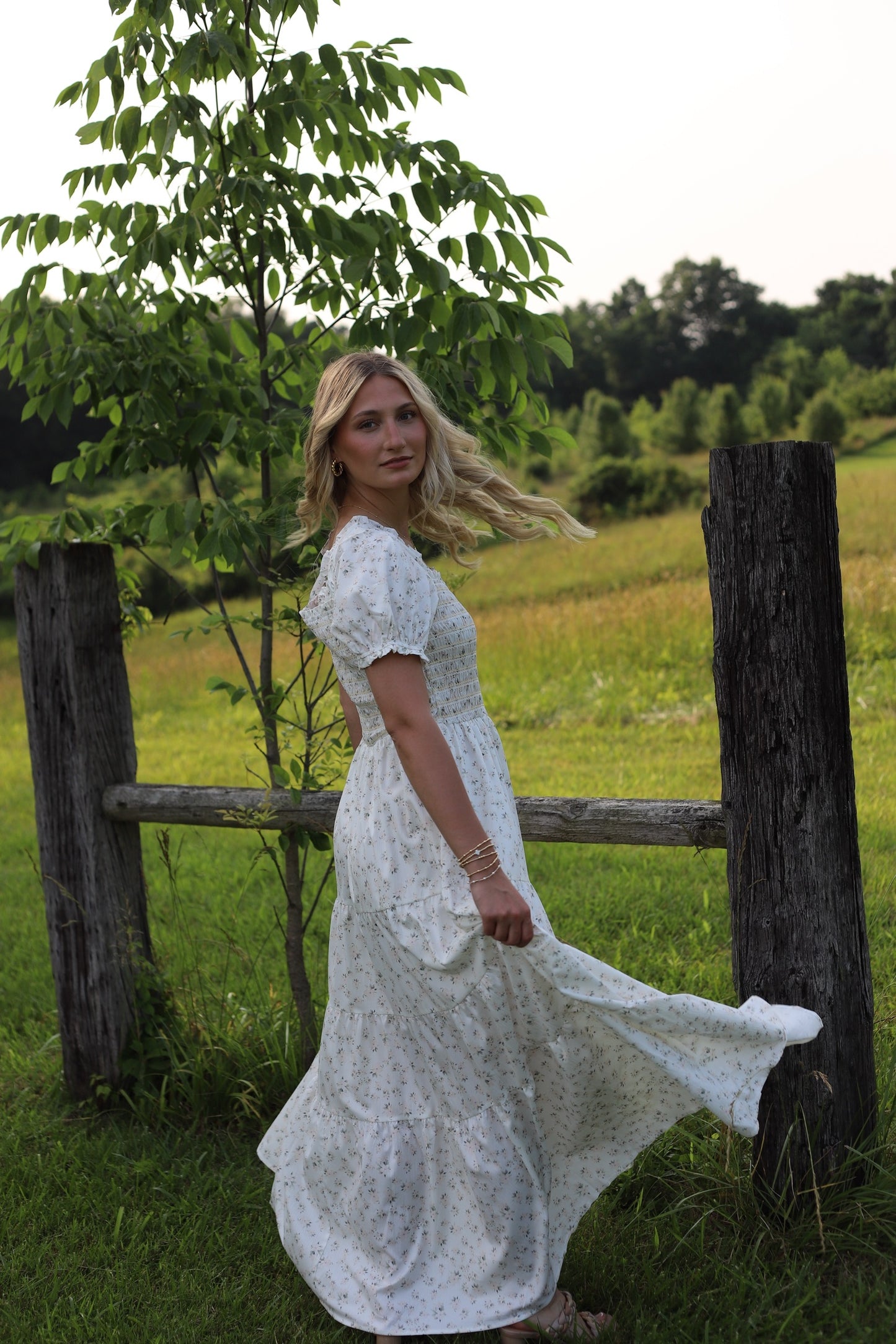 Frilly Shirred Bodice Tie Floral Maxi Dress