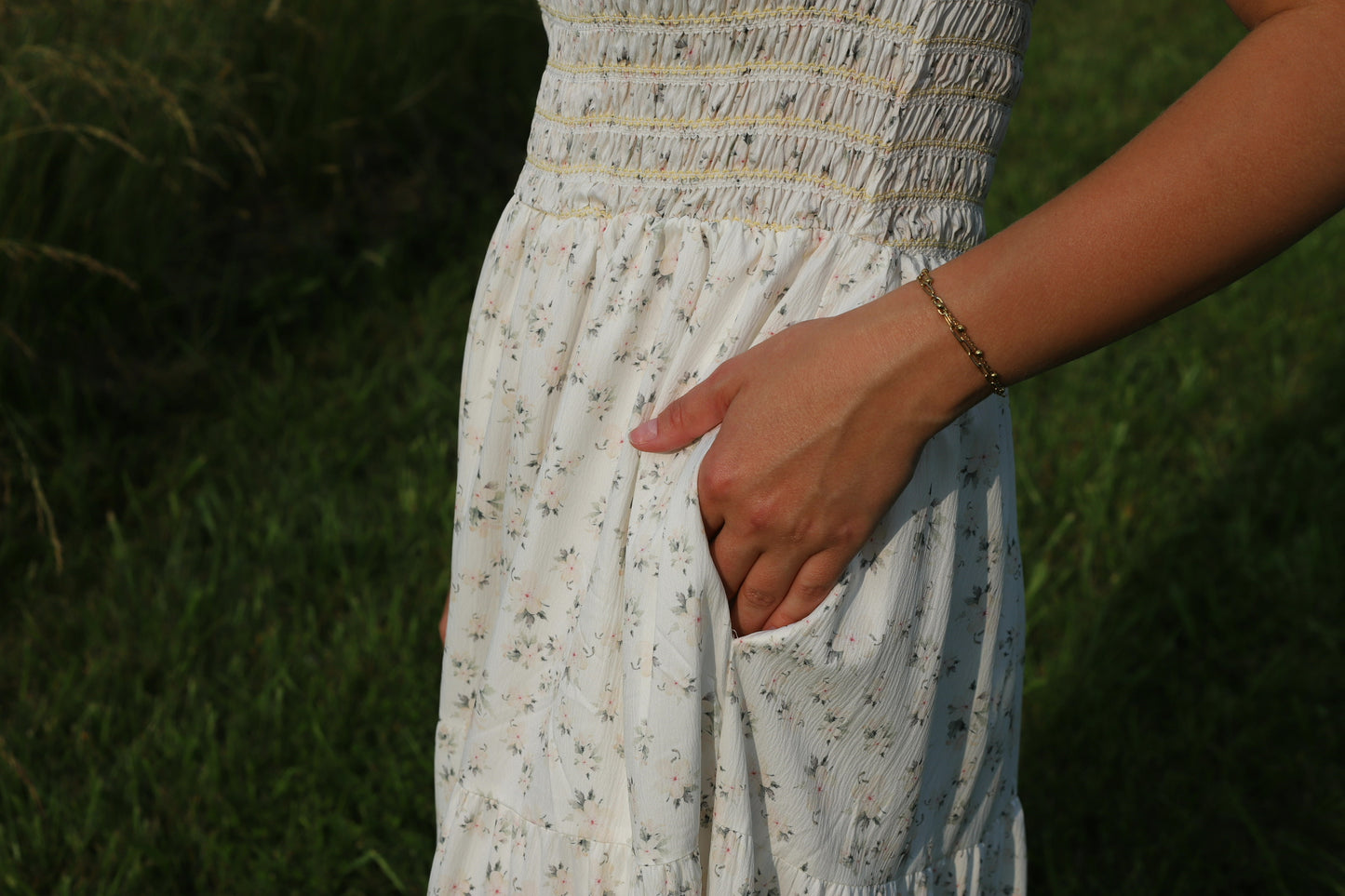 Frilly Shirred Bodice Tie Floral Maxi Dress