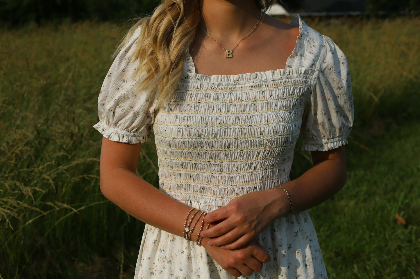 Frilly Shirred Bodice Tie Floral Maxi Dress