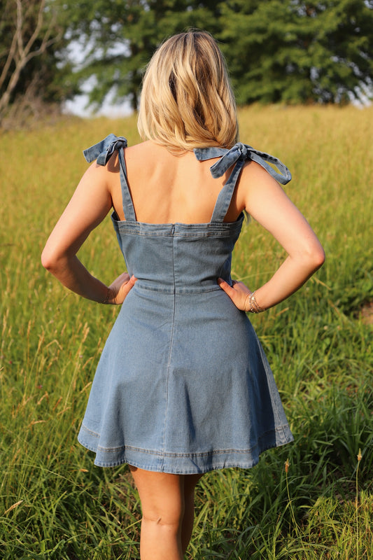 Denim strap tie mini dress