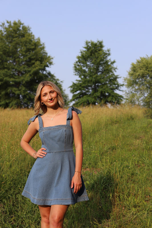 Denim strap tie mini dress
